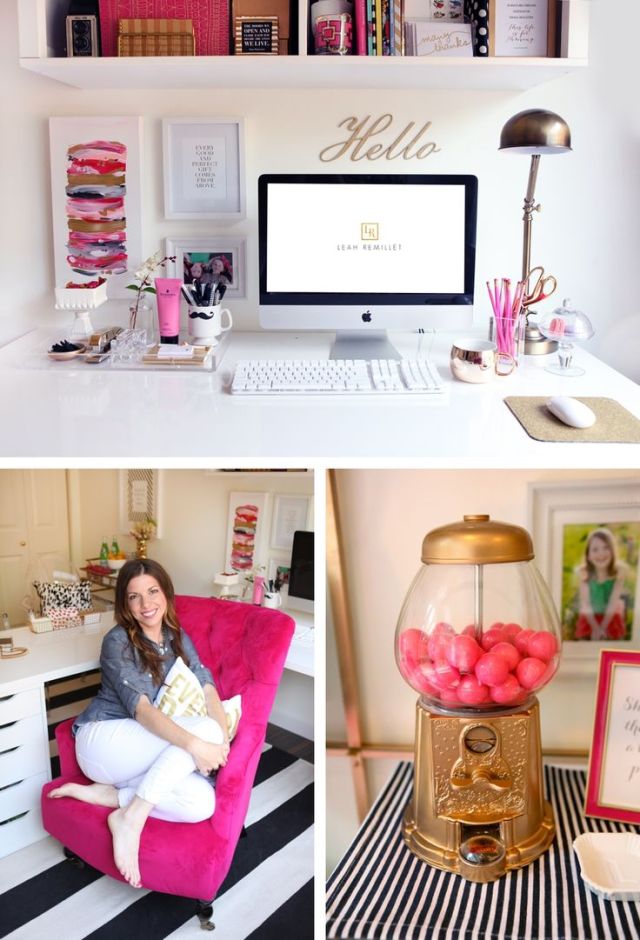 feminim office, gold and pink office, pretty office