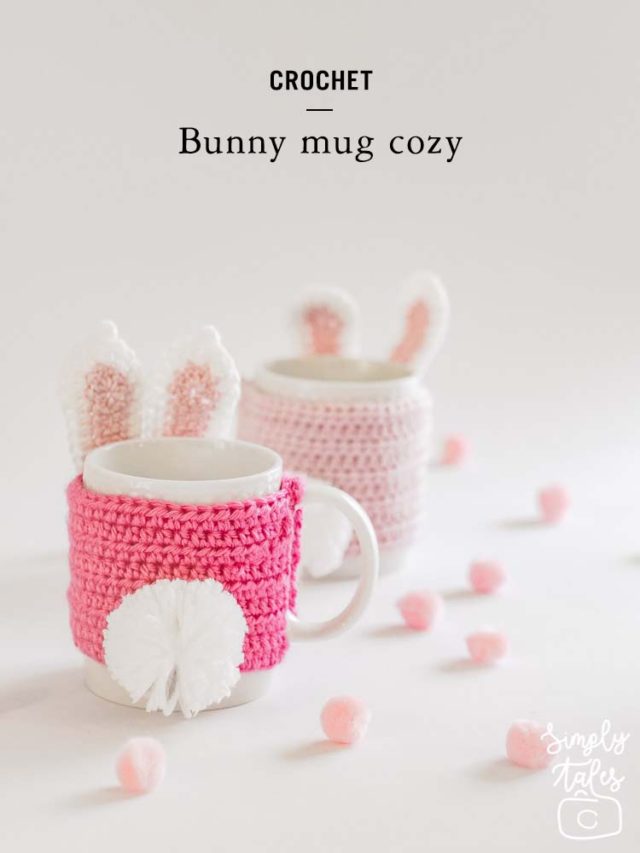 mug cozy, cup sleeve, crochet, bunny, pom pom, easter, mothers day