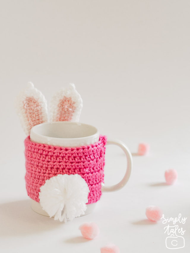 mug cozy, cup sleeve, crochet, bunny, pom pom, easter, mothers day, pink bunny
