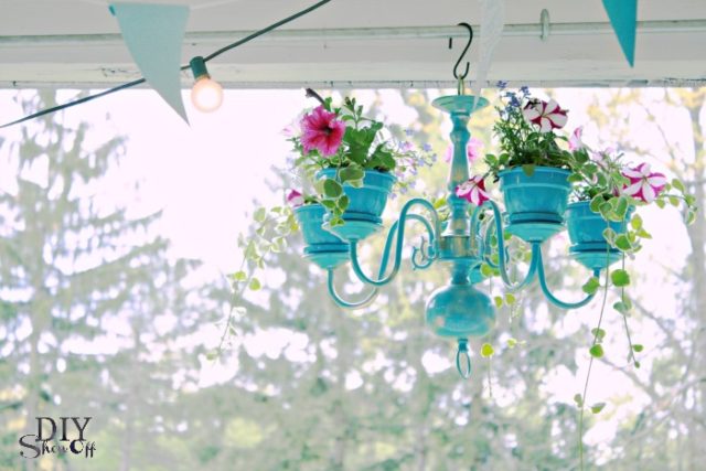 chandelier, diy handelier, floral chandelier, birthday, tea party, porch, chandelier planter, hanging plant