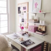 feminim office, gold and pink office, pretty office